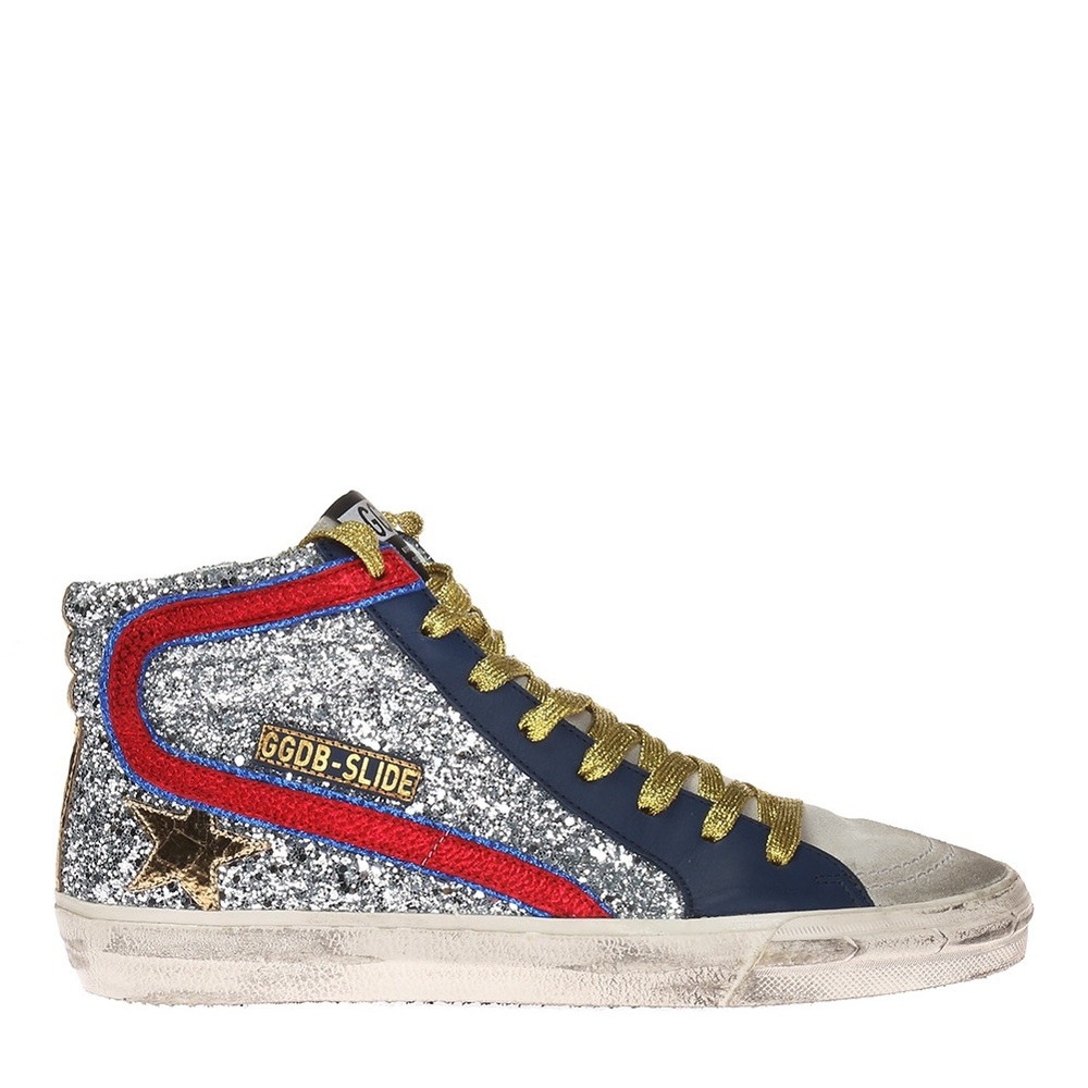 Golden Goose silver blue and red slide high top sneakers.